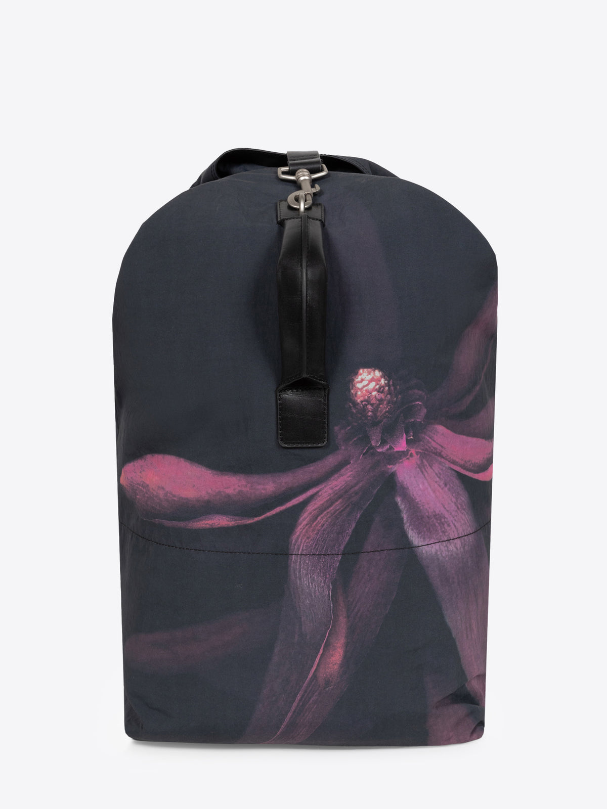 Bordeaux black duffel bag with a floral design on a white background