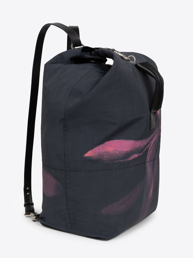 Bordeaux black duffel bag with a floral design on a white background