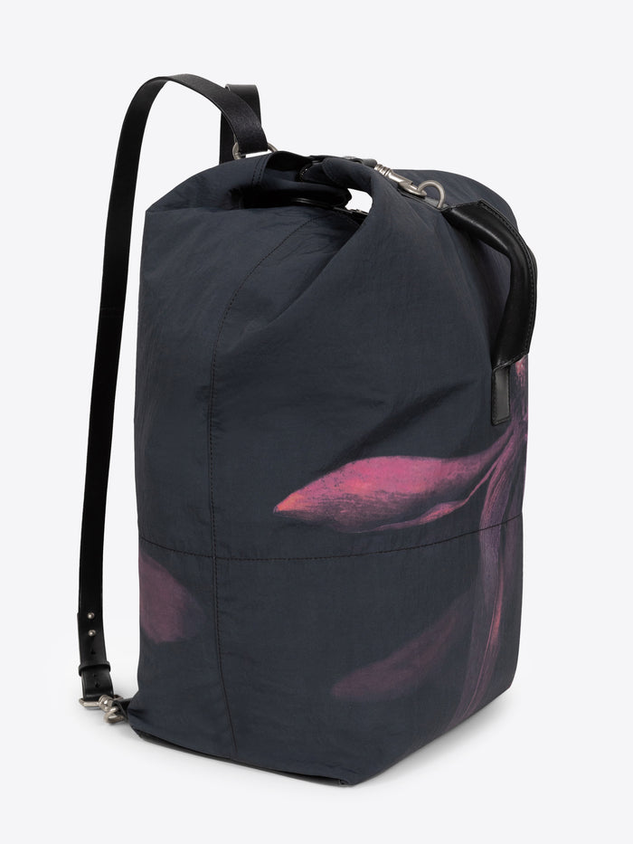 Bordeaux black duffel bag with a floral design on a white background