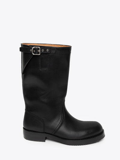 Black leather boot with a buckle on a white background - Dries Van Noten