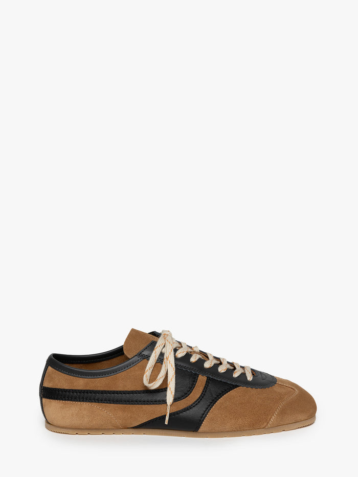Brown and black accents suede sneaker on a white background