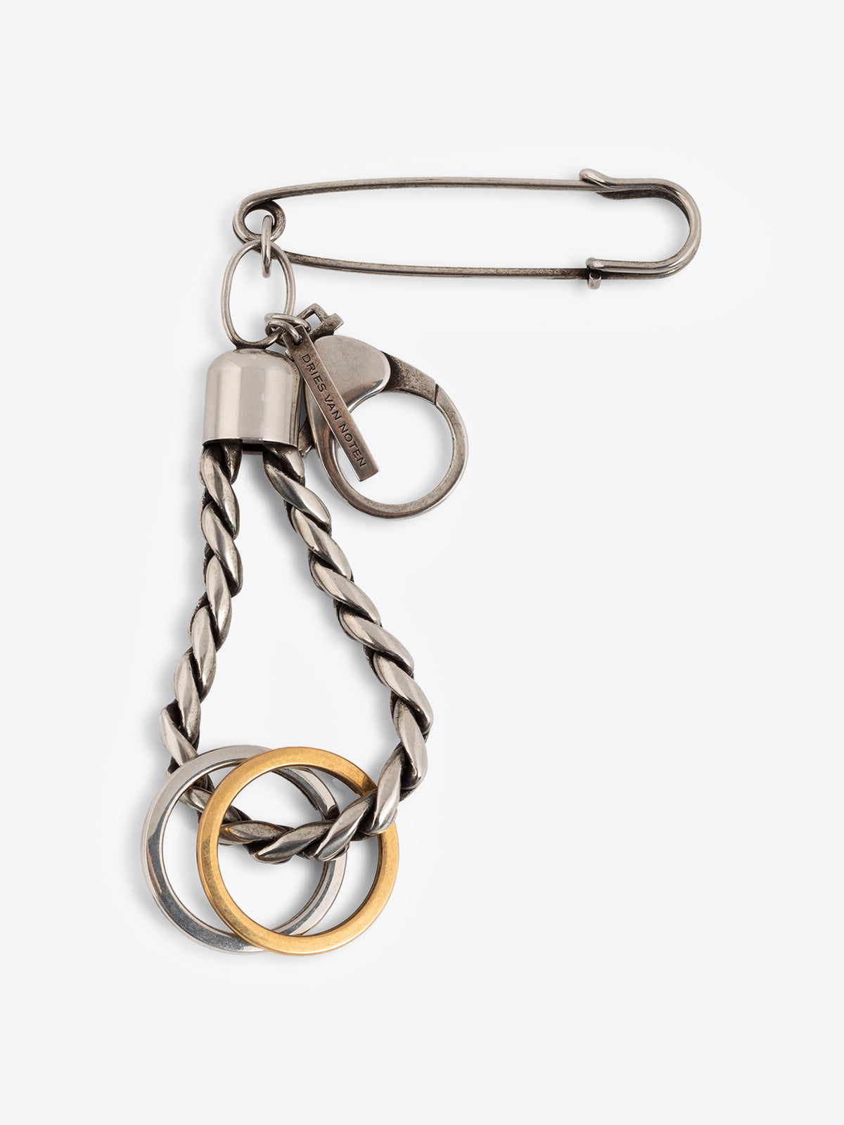 Palladium keychain with a safety pin and two rings on a white background