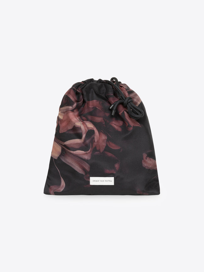 Drawstring bag with floral pattern on a white background
