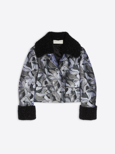 Patterned jacket with black trim on a white background - Dries Van Noten