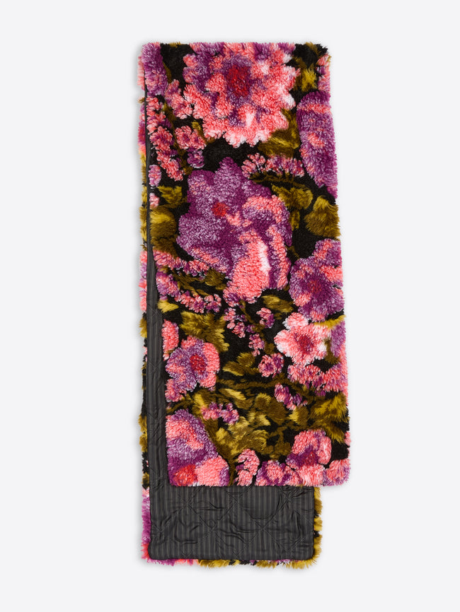 Floral patterned scarf with pink and purple flowers on a white background