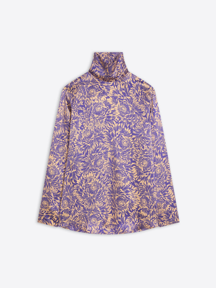 Purple floral patterned shirt on a white background
