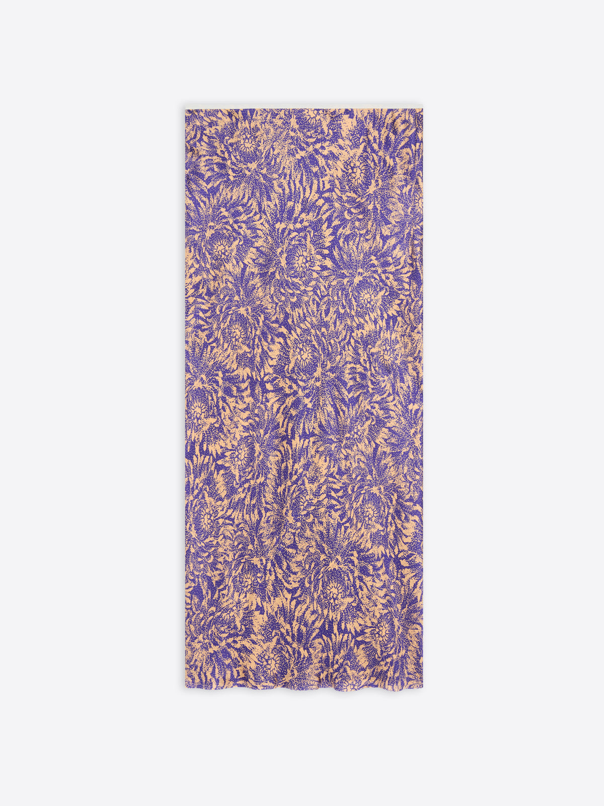 Purple and gold patterned fabric on a white background