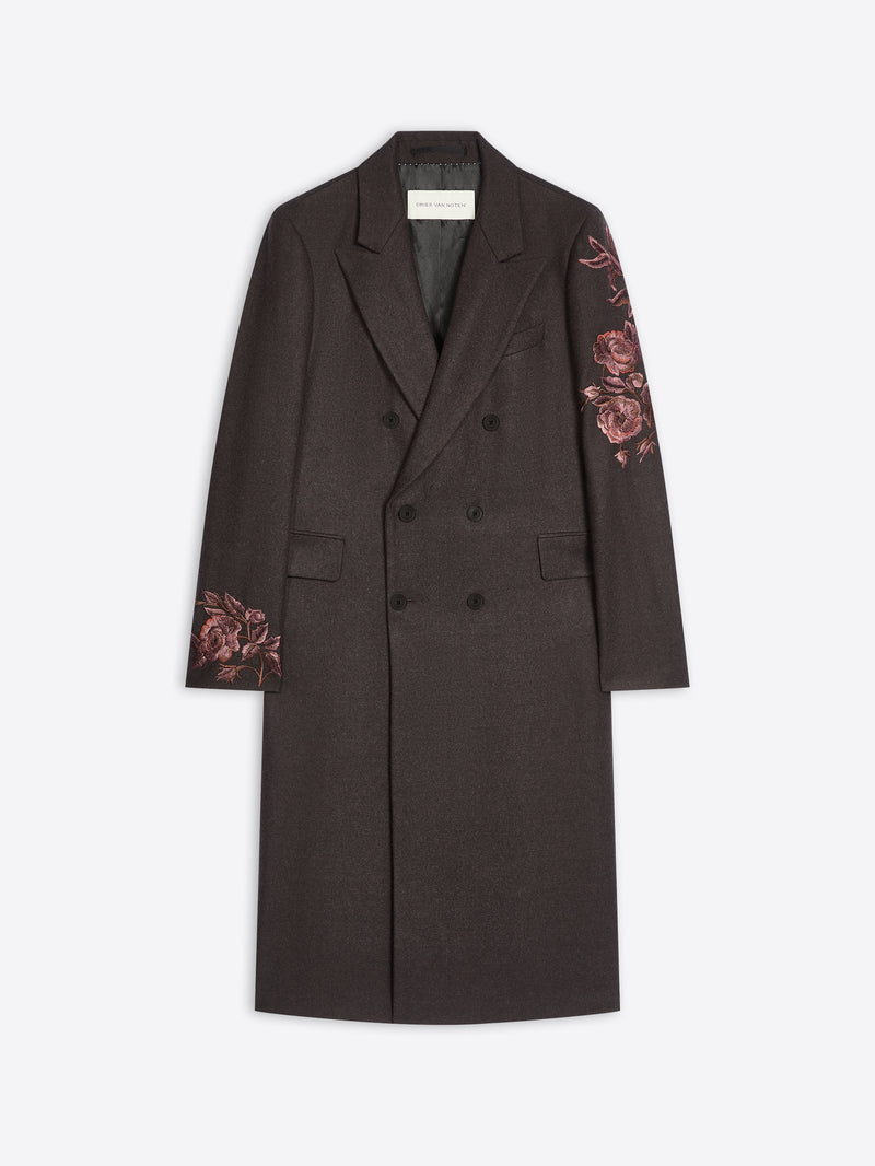 Dark brown coat with floral embroidery on sleeves on a white background