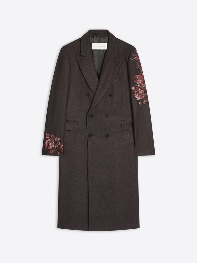Dark brown coat with floral embroidery on sleeves on a white background