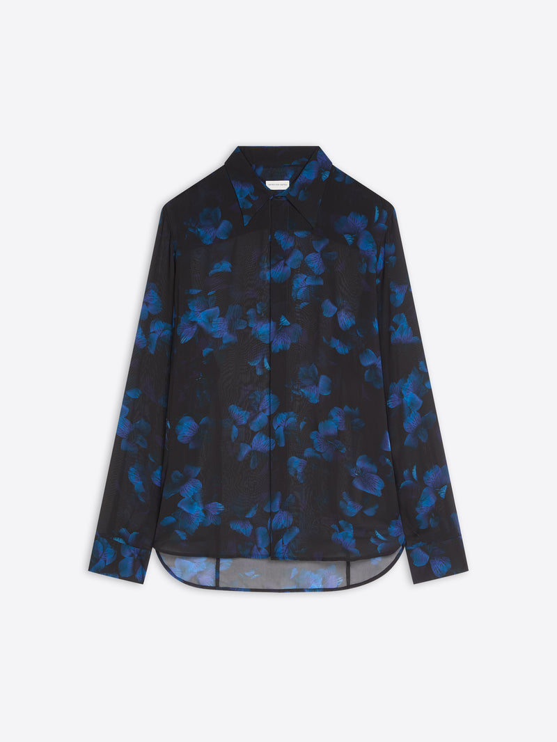 Black shirt with blue floral pattern on a white background
