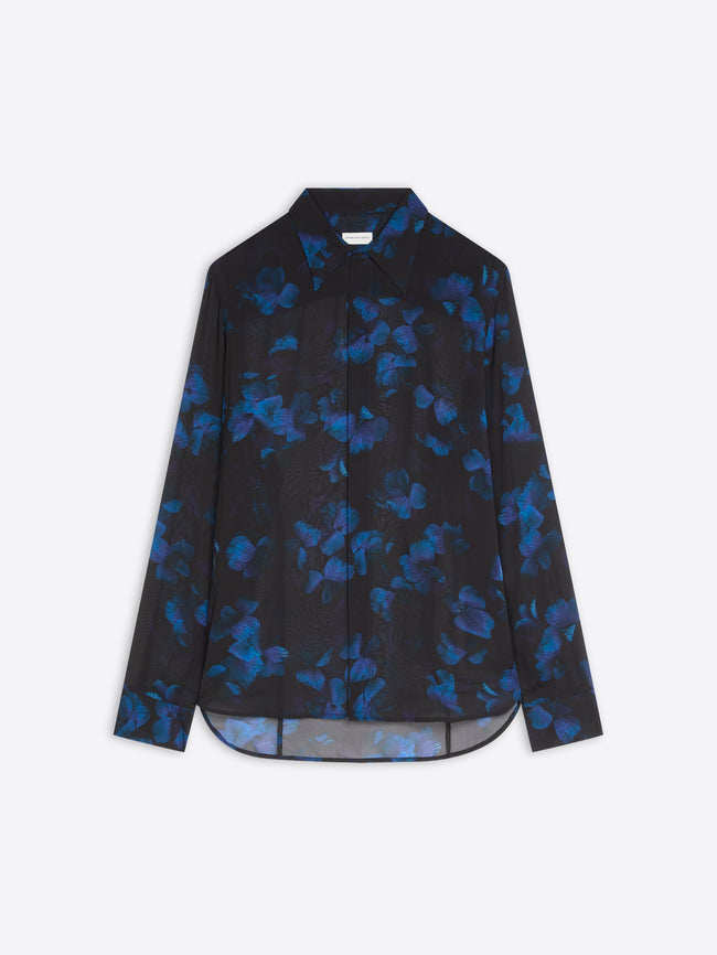 Black shirt with blue floral pattern on a white background