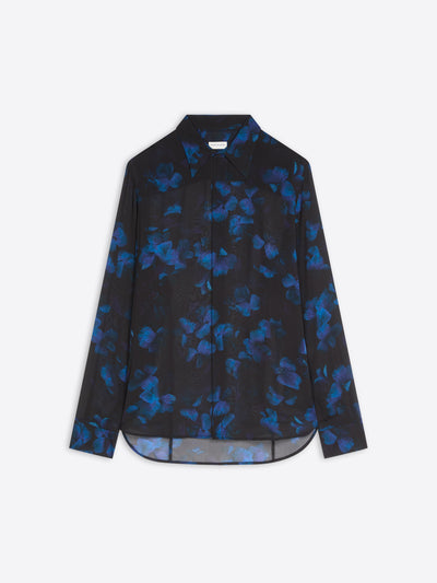 Black shirt with blue floral pattern on a white background - Dries Van Noten