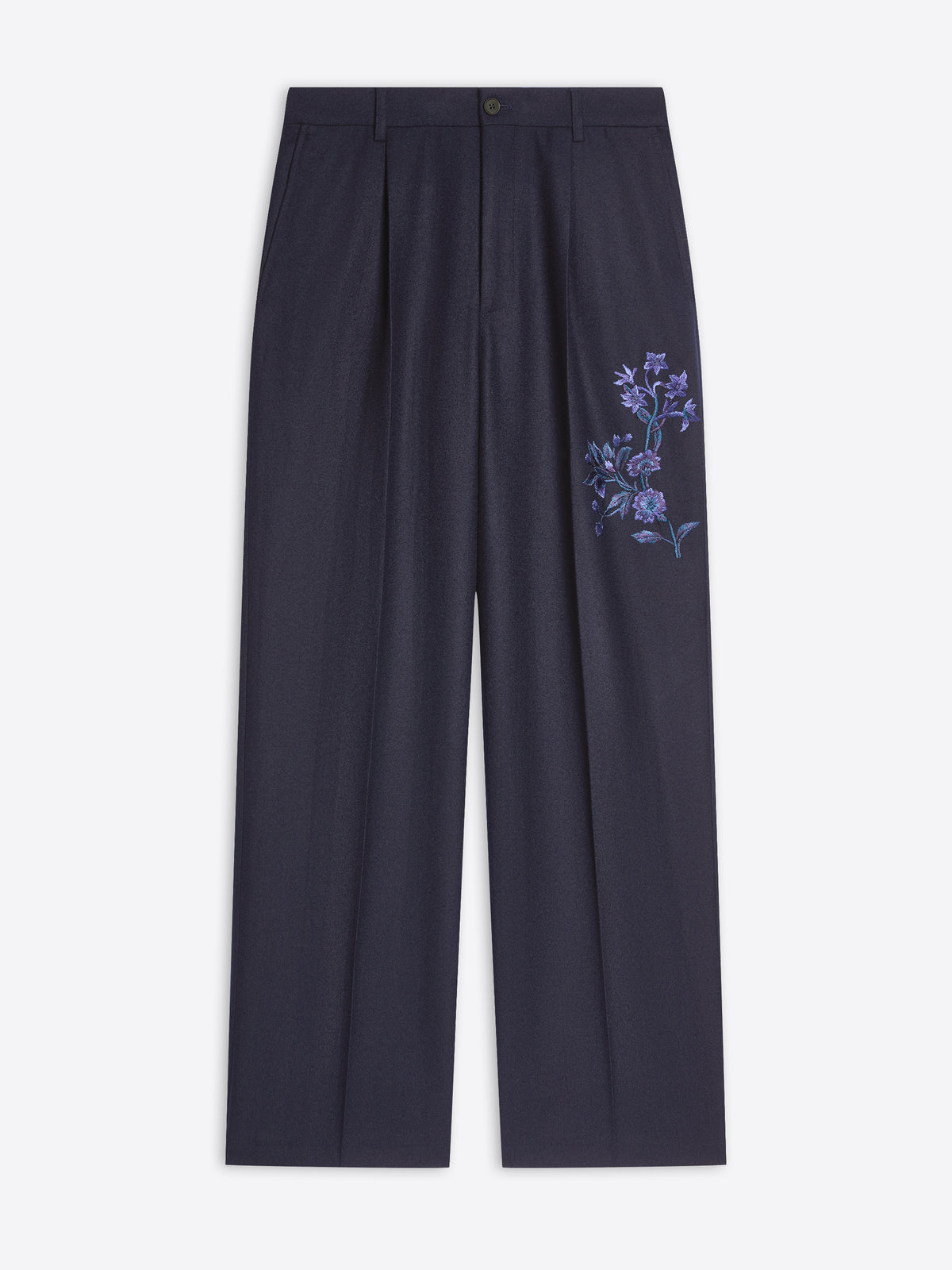 Navy pants with floral embroidery on a white background