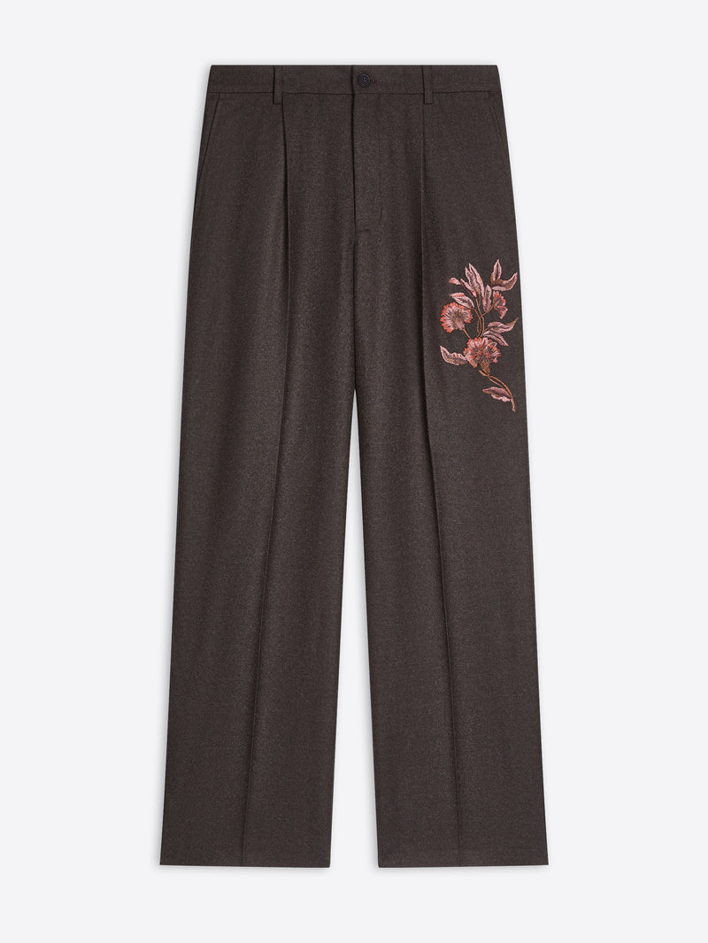 Dark brown, floral embroidered wool pants on a white background
