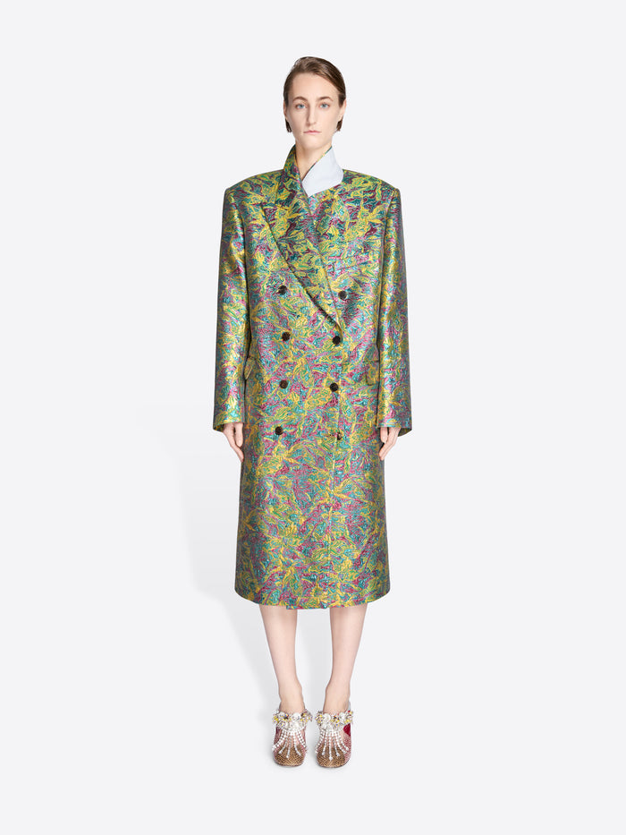 Model wearing a colorful coat on a white background - Dries Van Noten