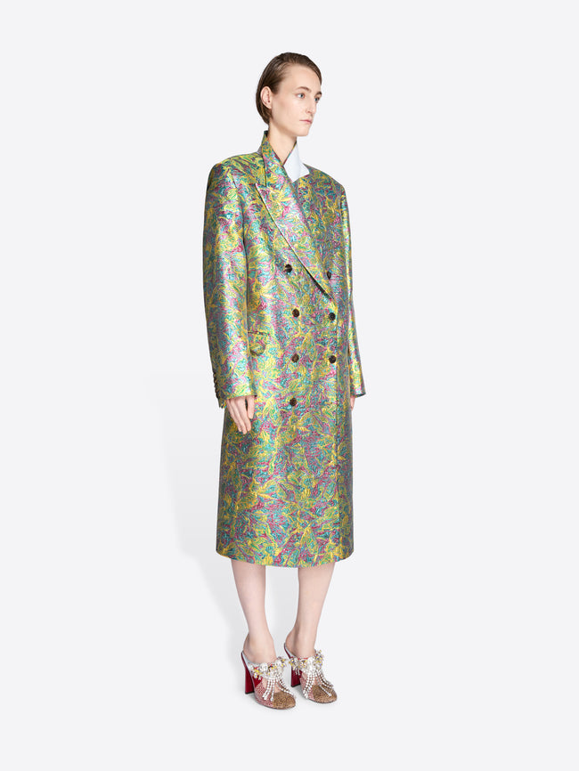 Model wearing a colorful coat on a white background - Dries Van Noten