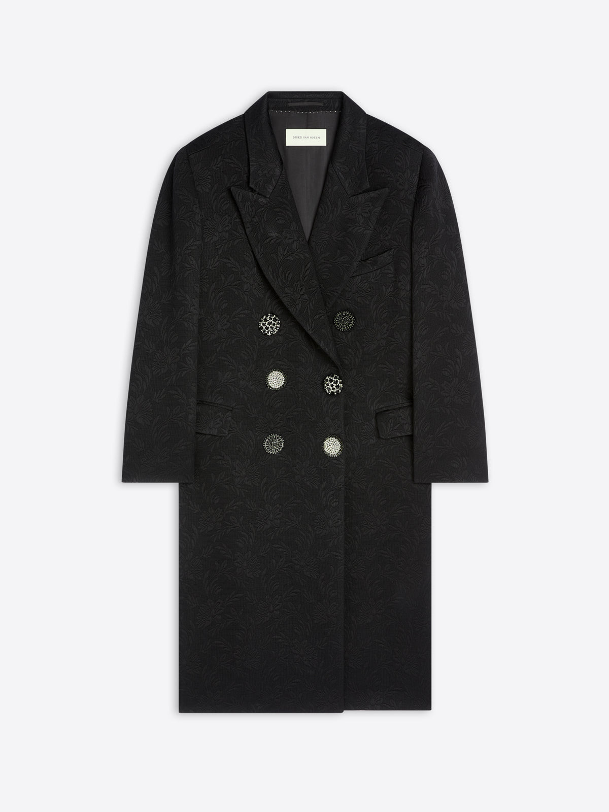 Black overcoat with silver buttons on a white background - Dries Van Noten