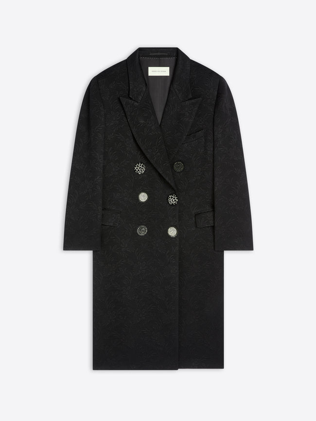 Black overcoat with silver buttons on a white background - Dries Van Noten