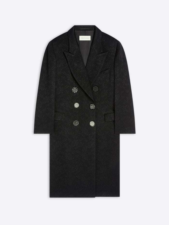 Black overcoat with silver buttons on a white background - Dries Van Noten