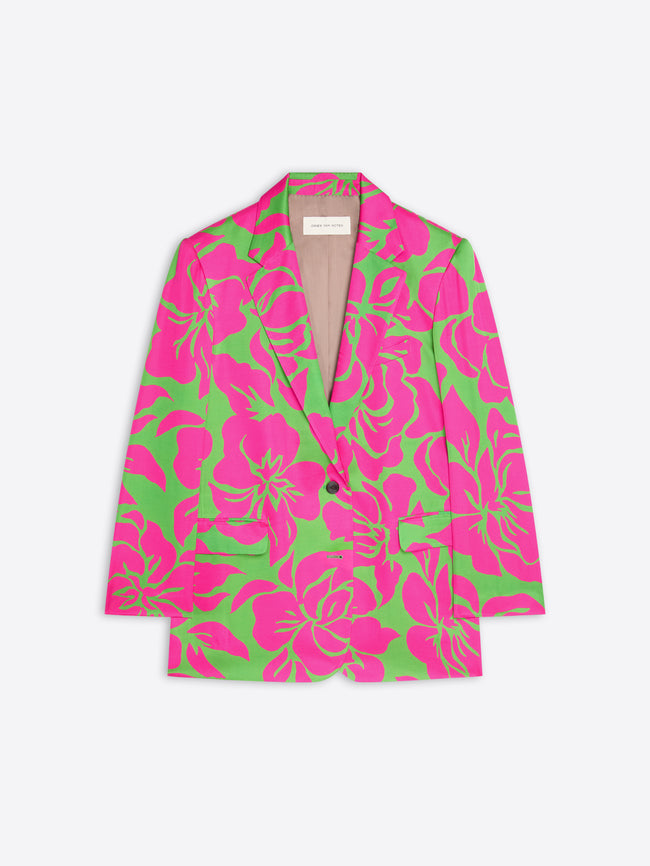 Floral patterned blazer with pink and green colors on a white background - Dries Van Noten