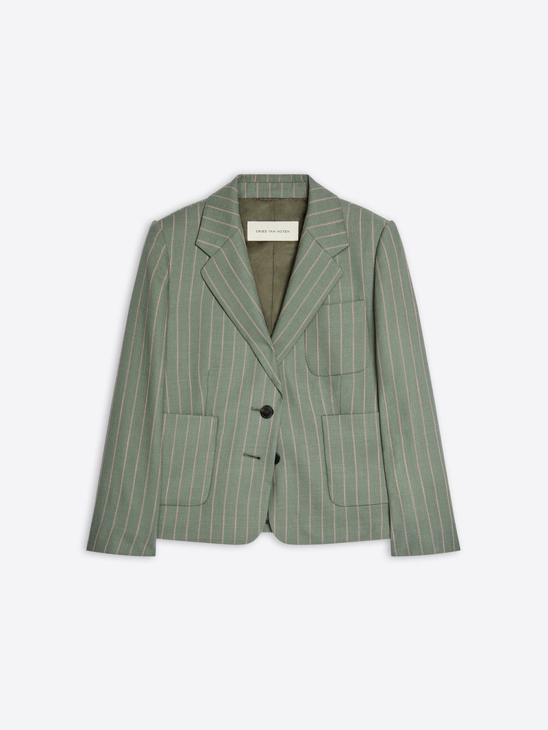 Green pinstripe blazer on a light gray background - Dries Van Noten