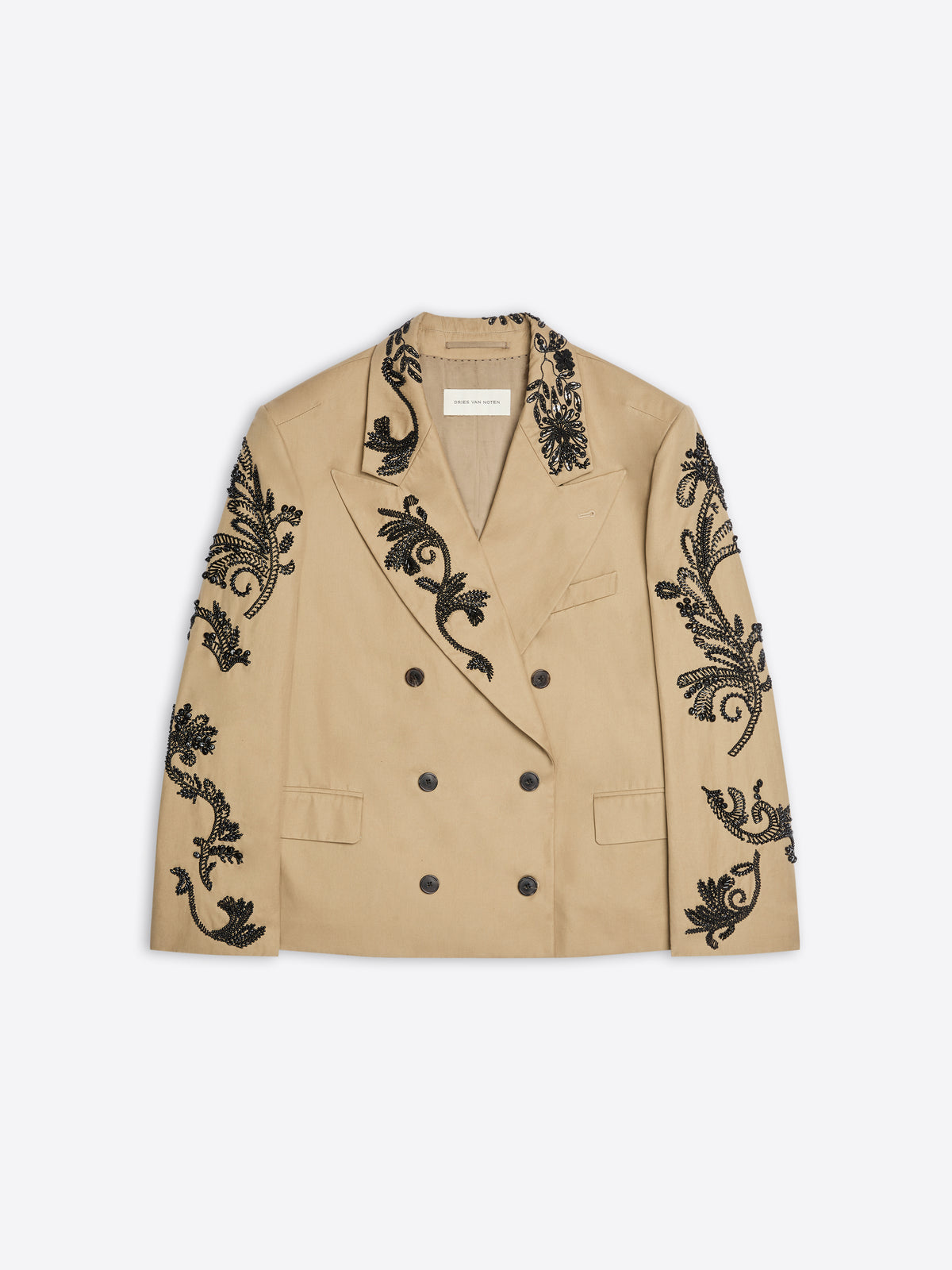 Beige blazer with black floral embroidery on a white background - Dries Van Noten