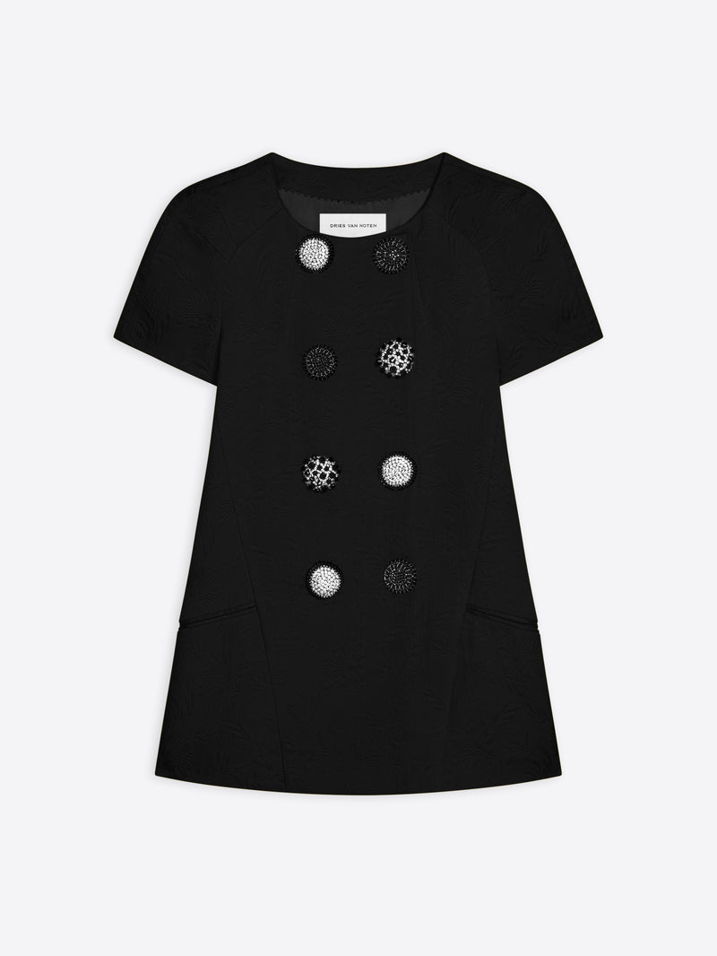 Black dress with decorative buttons on a white background - Dries Van Noten