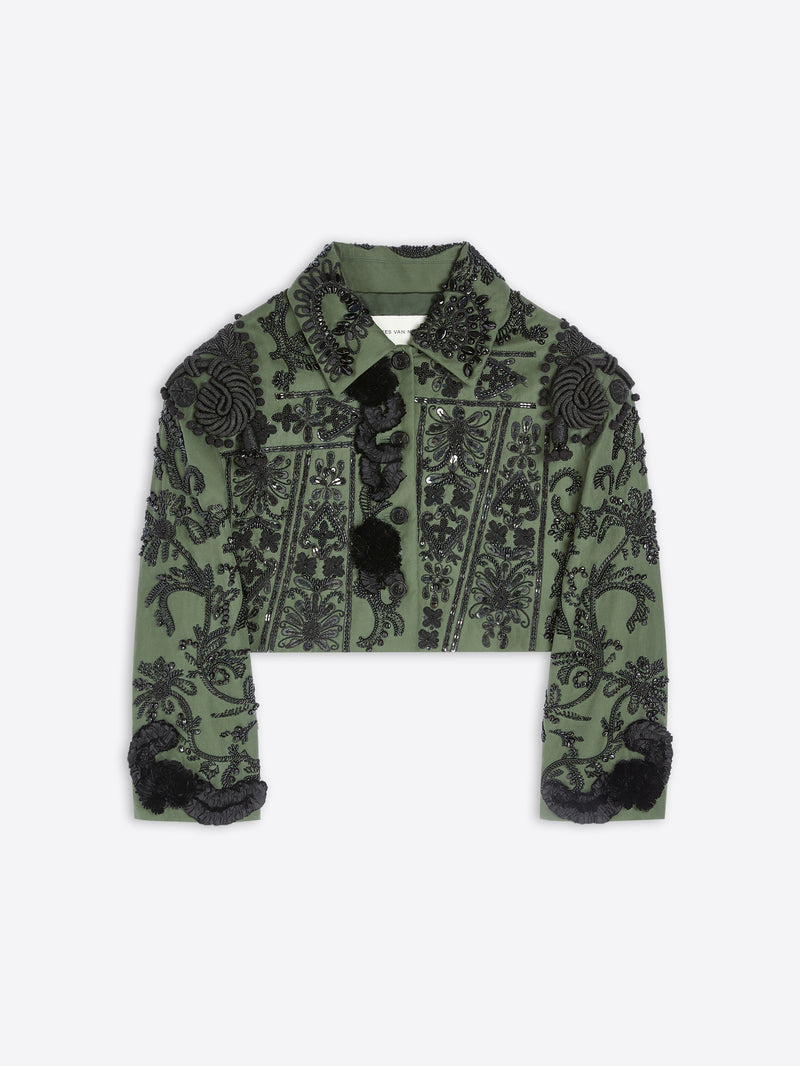 Green patterned jacket with black pom-poms on a white background - Dries Van Noten