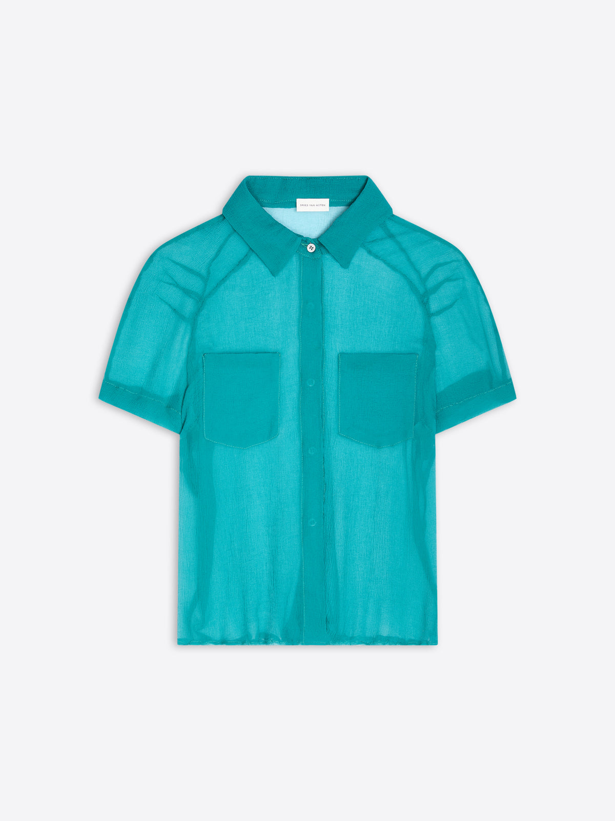 Teal sheer blouse on a light gray background - Dries Van Noten