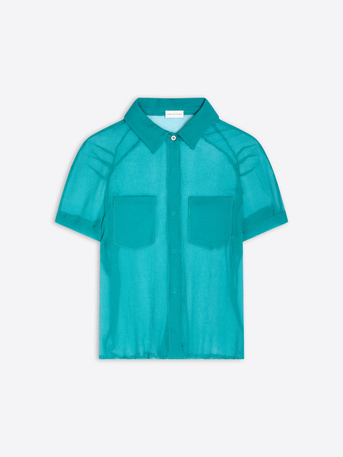 Teal sheer blouse on a light gray background - Dries Van Noten