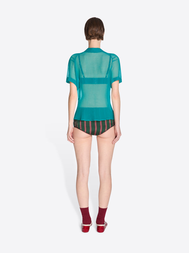 Person wearing a sheer teal top and striped underwear on a white background - Dries Van Noten