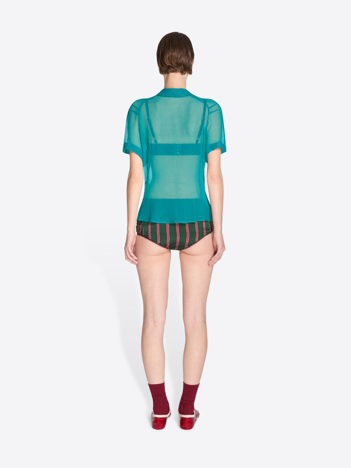 Person wearing a sheer teal top and striped underwear on a white background - Dries Van Noten