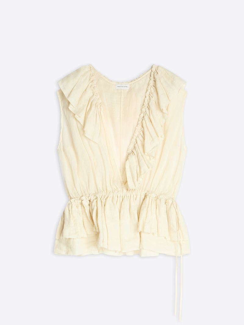 Light yellow sleeveless top with ruffled details on a white background - Dries Van Noten
