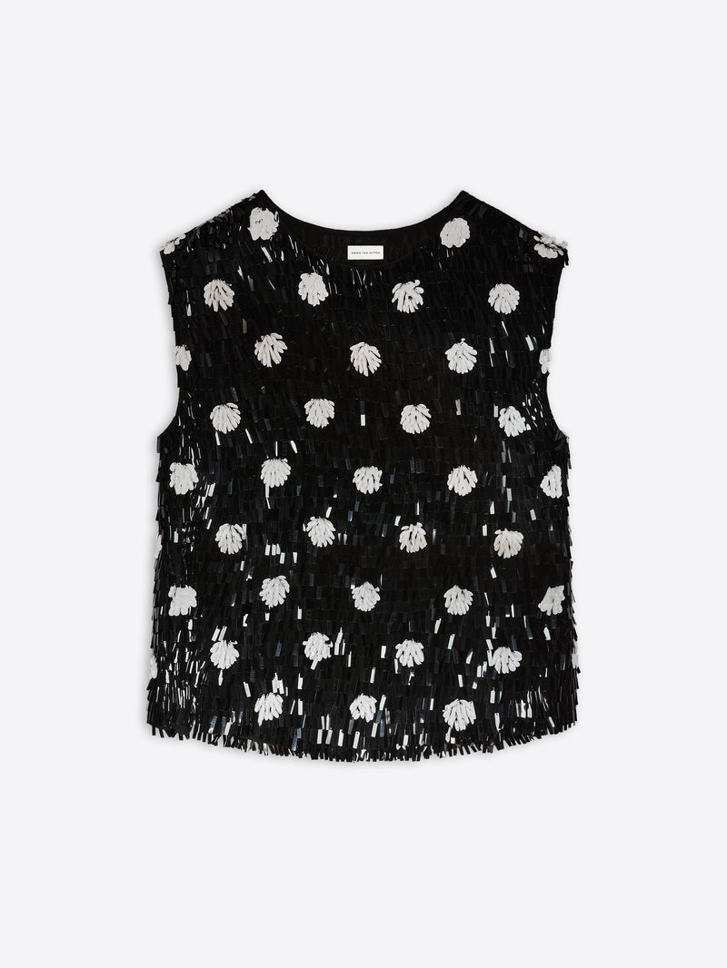Black sleeveless top with white patterns on a white background - Dries Van Noten
