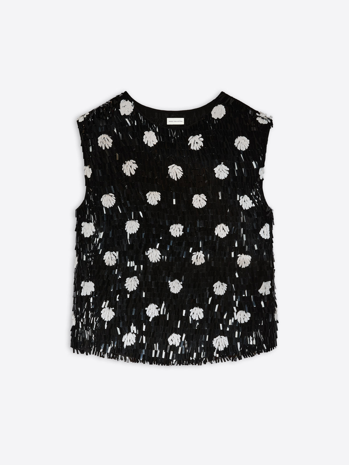 Black sleeveless top with white patterns on a white background - Dries Van Noten