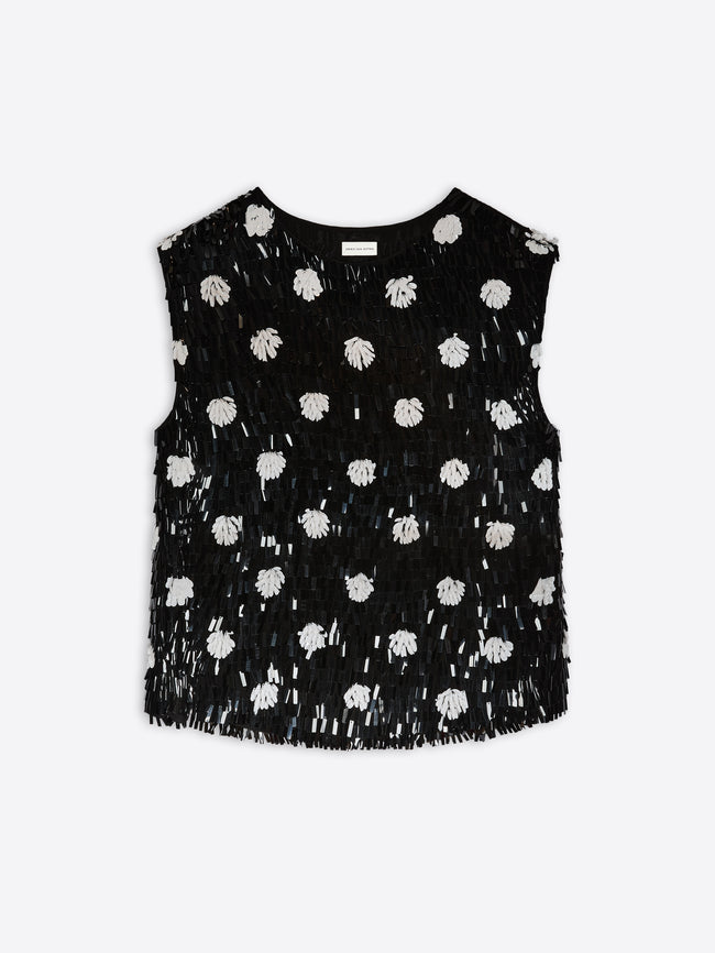 Black sleeveless top with white patterns on a white background - Dries Van Noten
