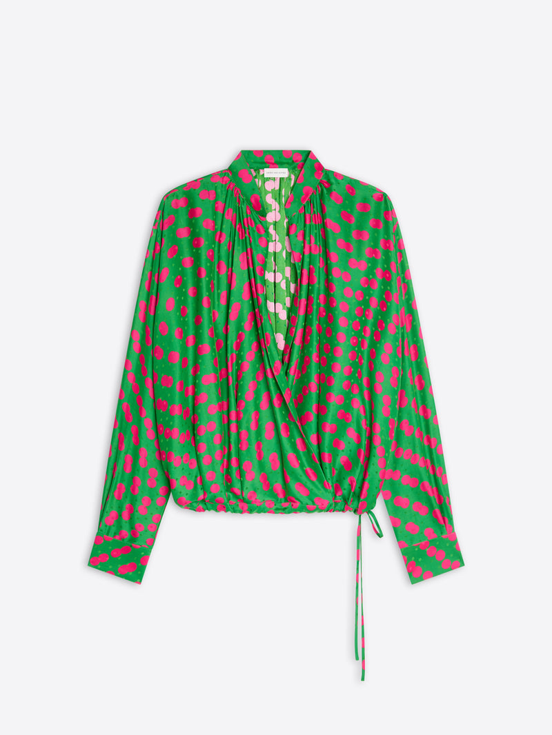 Green blouse with pink floral pattern on a white background - Dries Van Noten