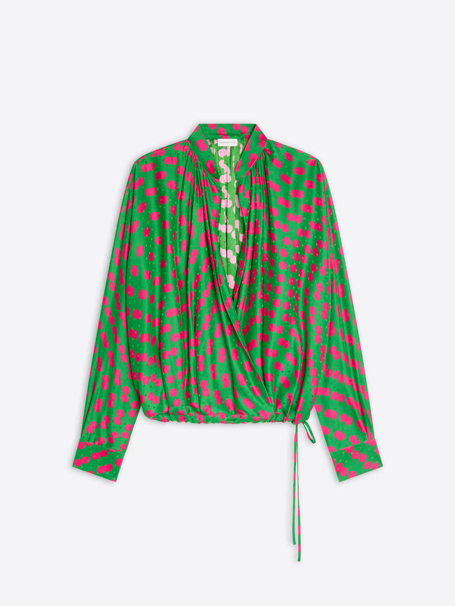 Green blouse with pink floral pattern on a white background - Dries Van Noten