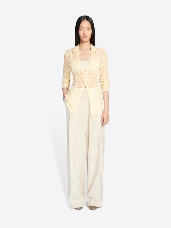 Woman wearing a light yellow lace top and wide-leg pants on a white background - Dries Van Noten