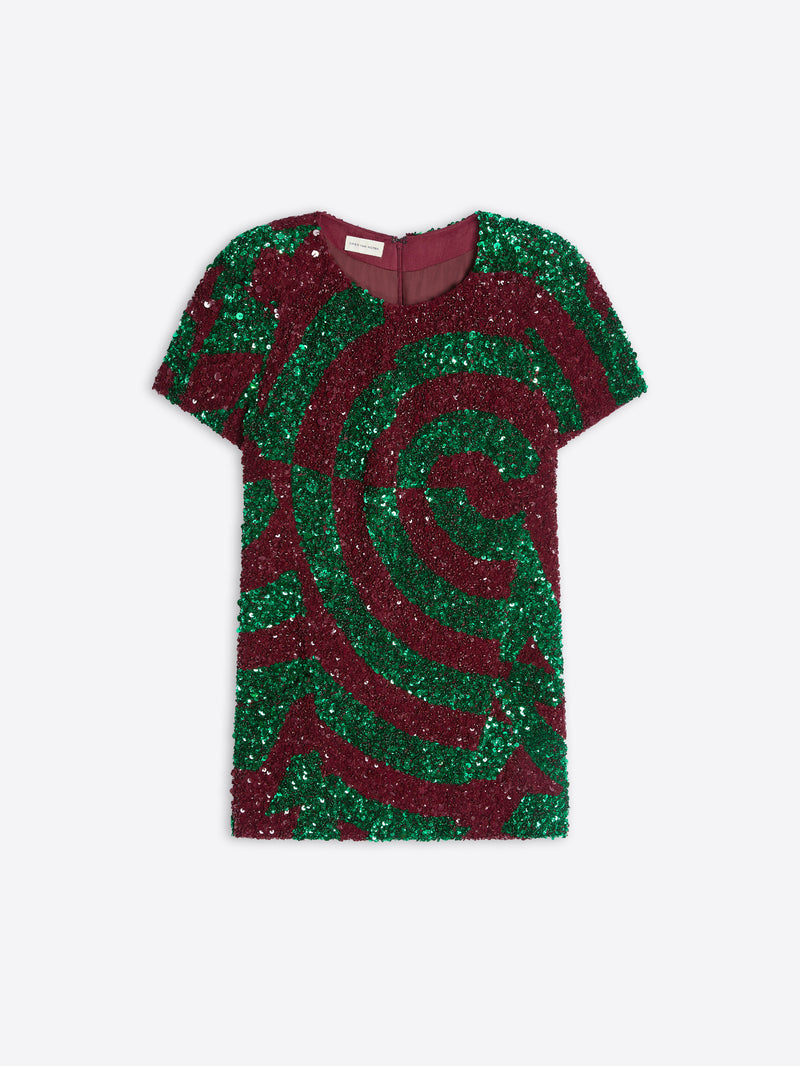 Green and red sequin dress on a white background - Dries Van Noten