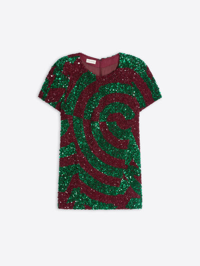 Green and red sequin dress on a white background - Dries Van Noten
