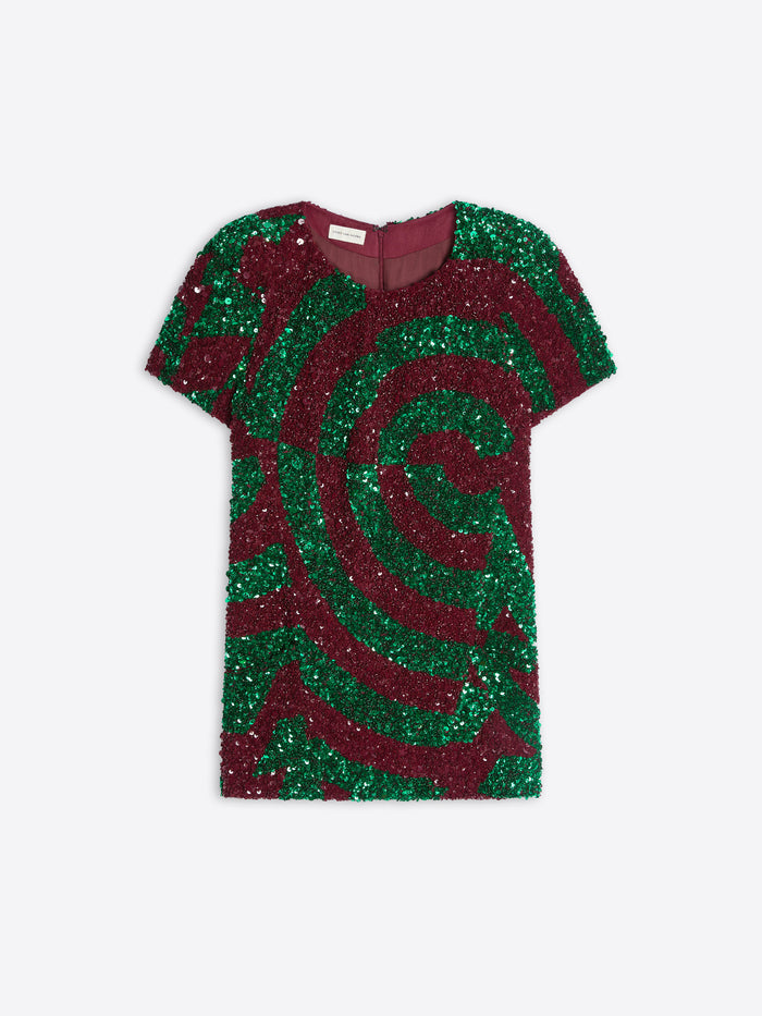 Green and red sequin dress on a white background - Dries Van Noten