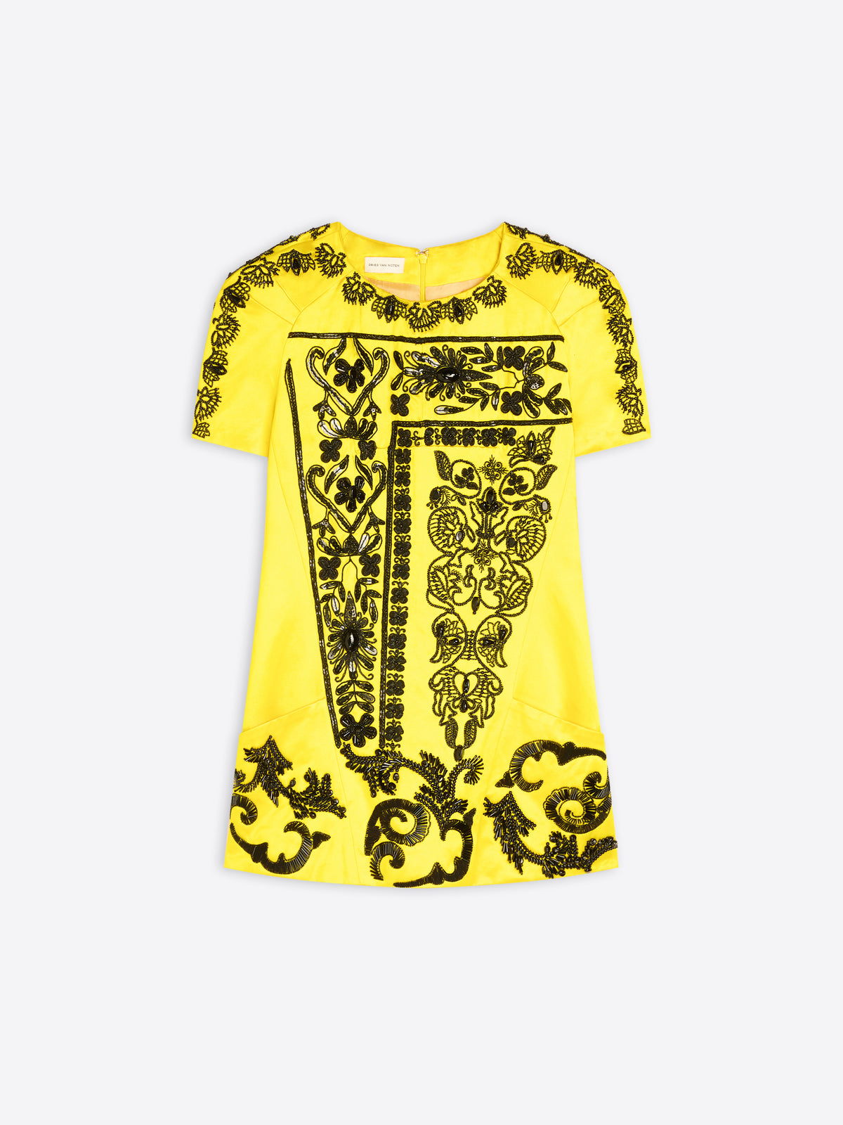 Yellow short sleeved embroidered top on a white background. - Dries Van Noten