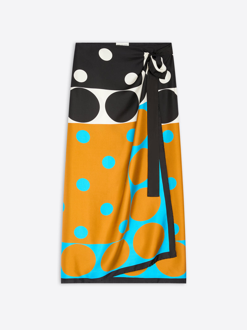 Colorful polka dot scarf with black border on a white background - Dries Van Noten
