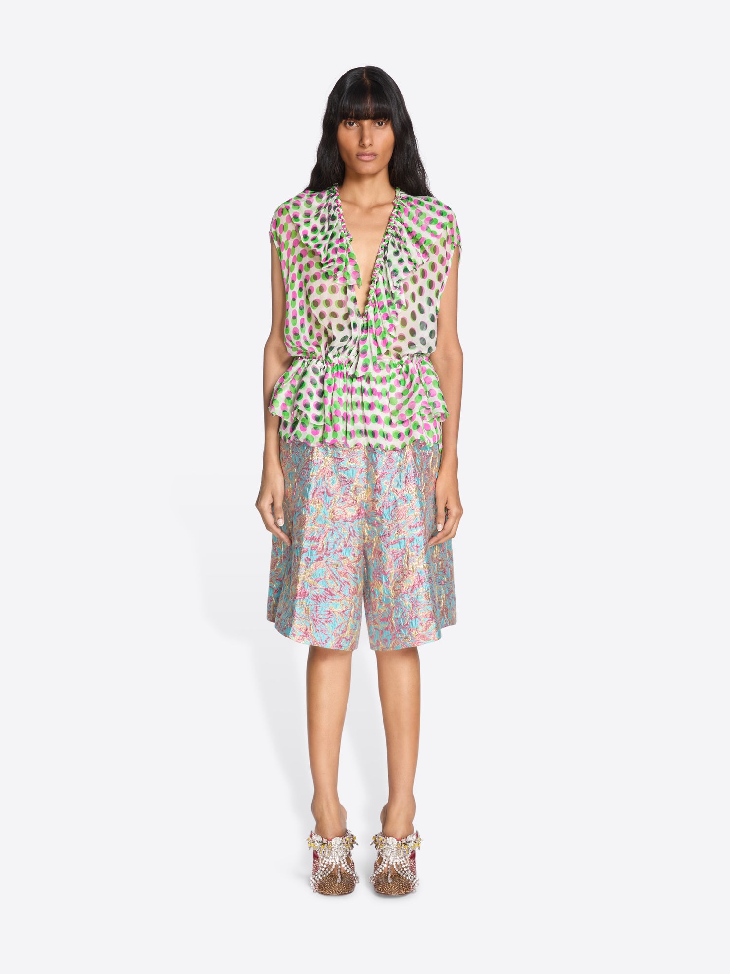 Woman wearing a patterned dress on a white background - Dries Van Noten