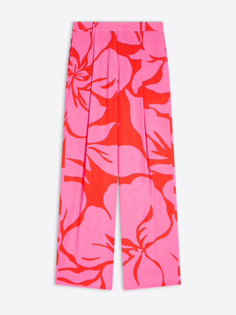 Pink pants with red floral pattern on a white background - Dries Van Noten