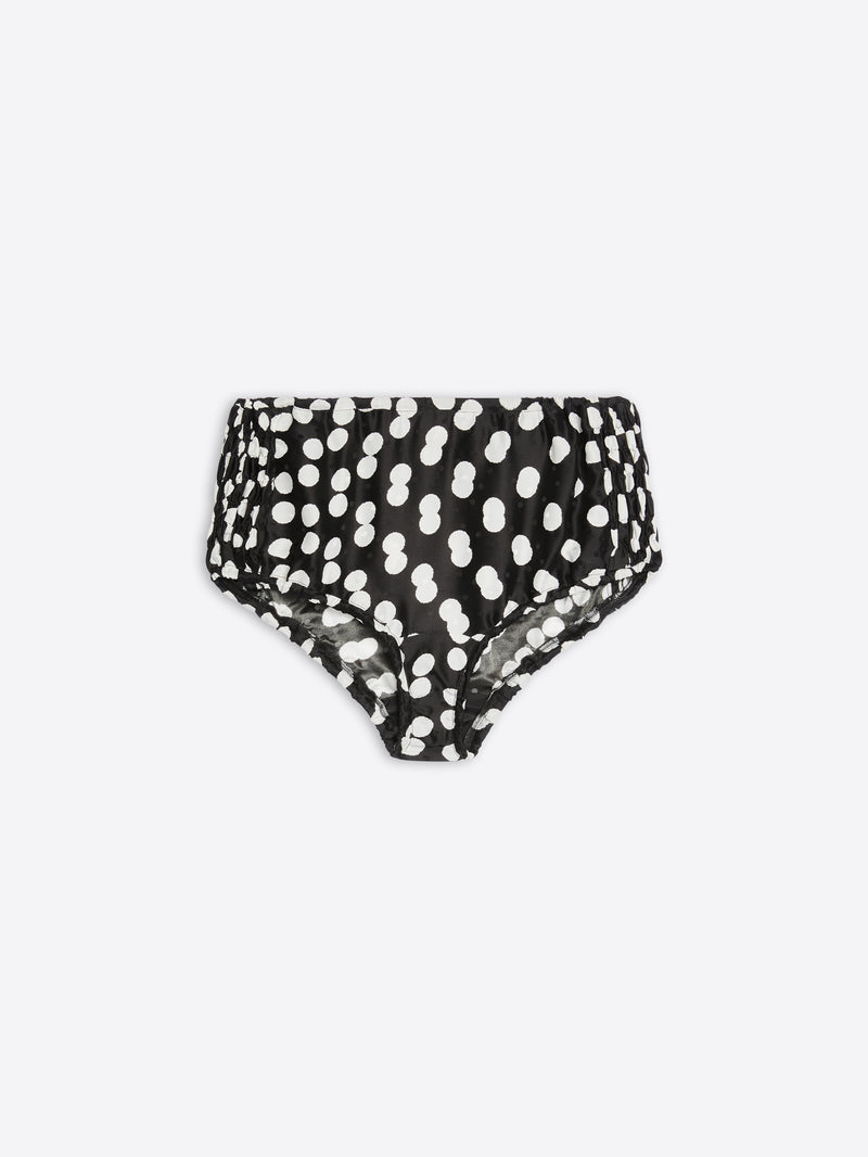 Black high-waisted bikini bottom with white polka dots on a light gray background - Dries Van Noten
