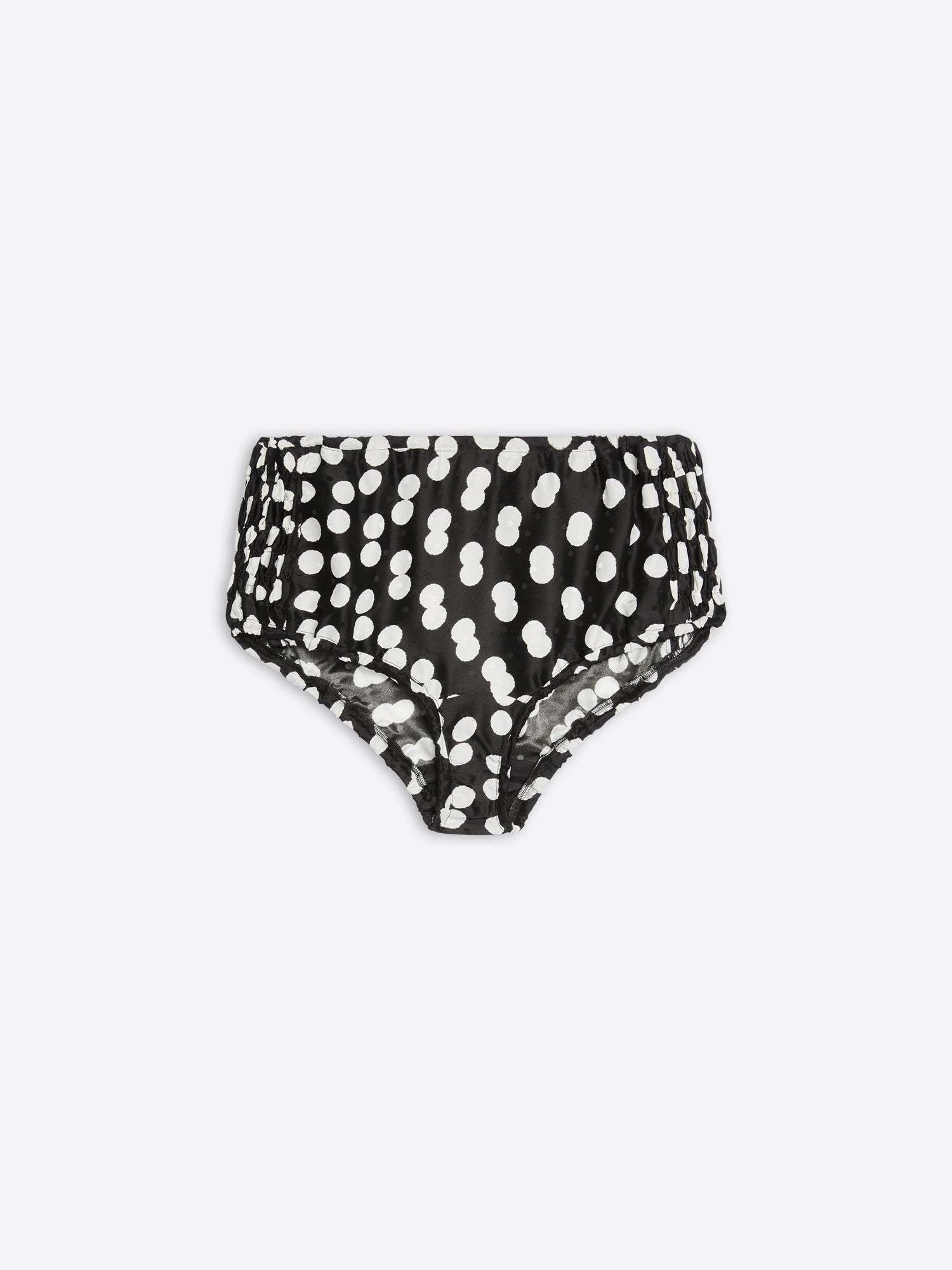 Black high-waisted bikini bottom with white polka dots on a light gray background - Dries Van Noten