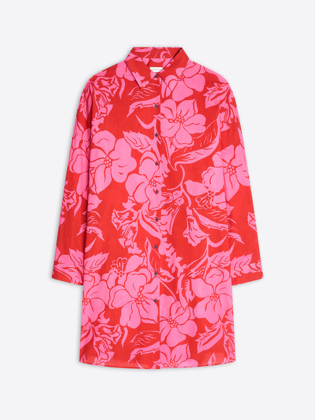 Red coat with pink floral pattern on a white background - Dries Van Noten