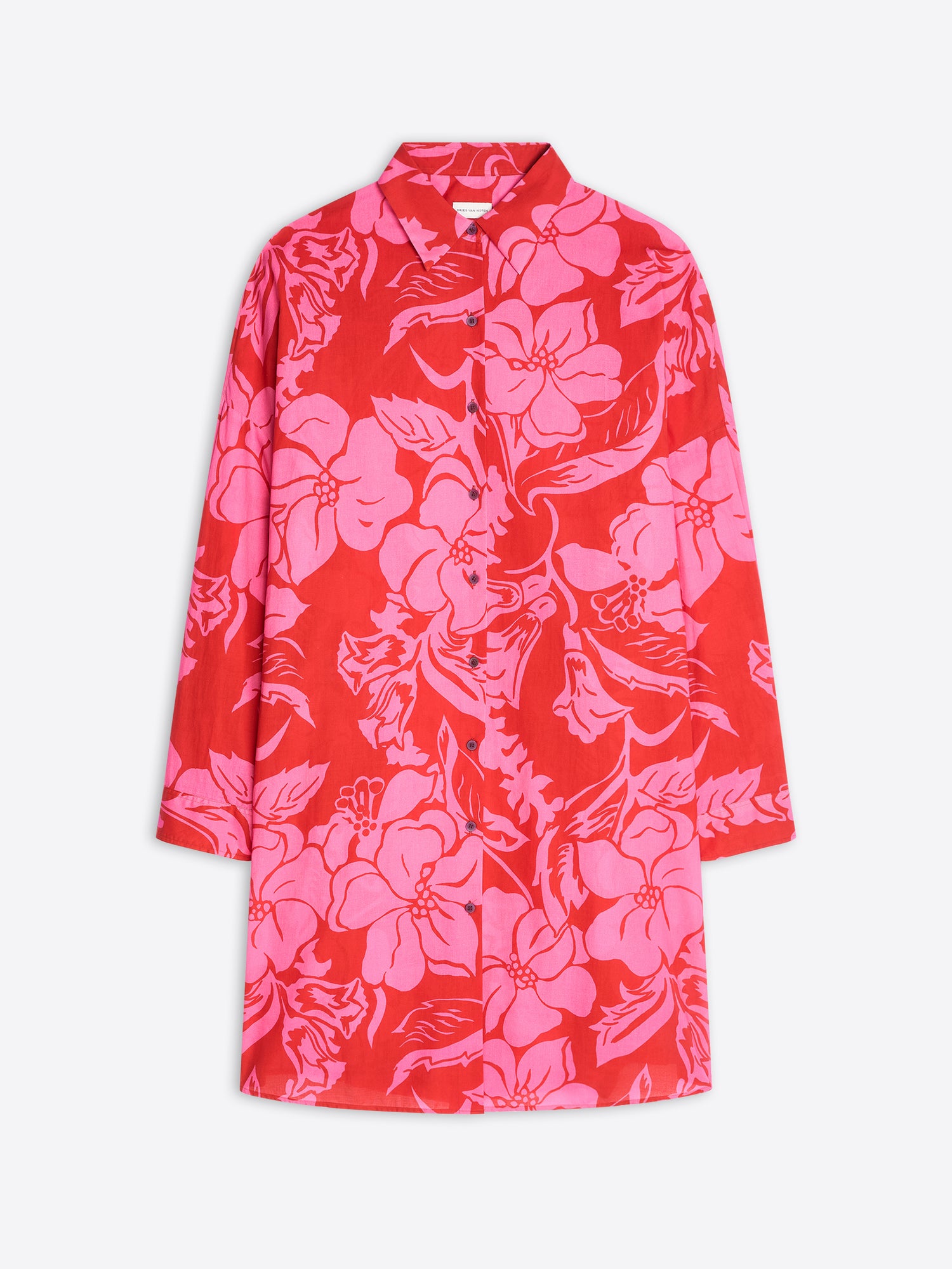 Red coat with pink floral pattern on a white background - Dries Van Noten